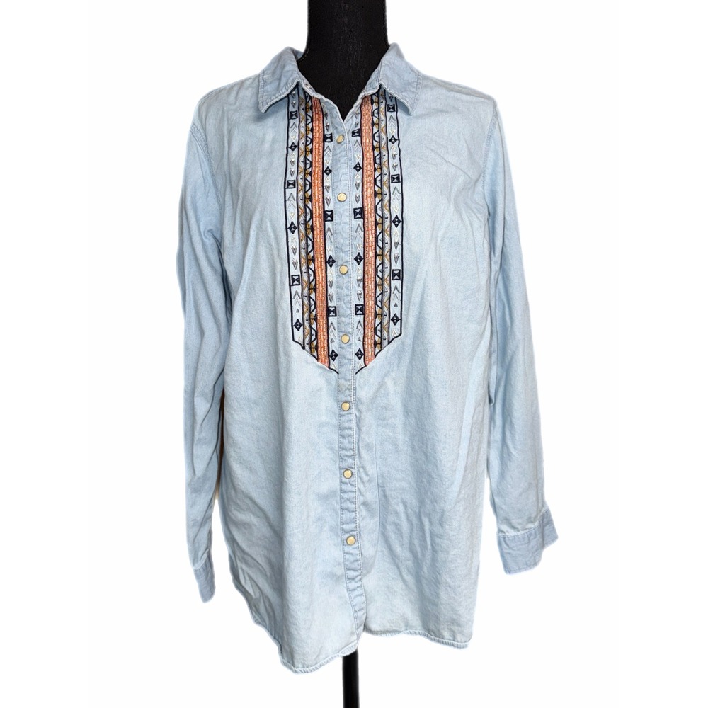 Krazy Kat Womens XL Light Wash Denim Embroidered Boho Button Down Shirt L/S